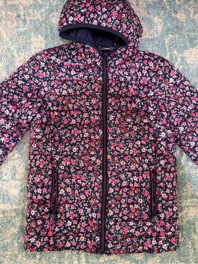 Joules Pink/Navy Puffer Jacket with Pink Floral Print